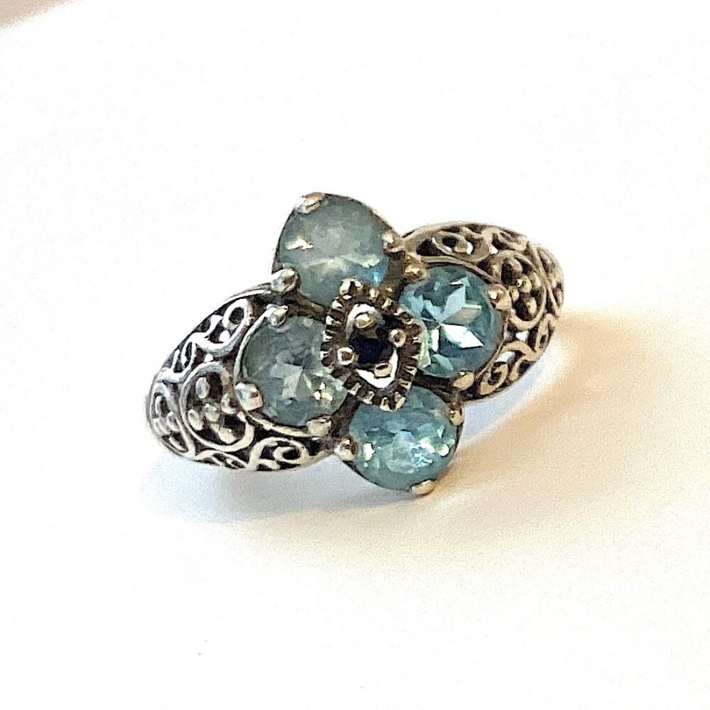 Stunning Blue Topaz Sterling Silver Ring, Statement Estate Jewelry Size 7.5